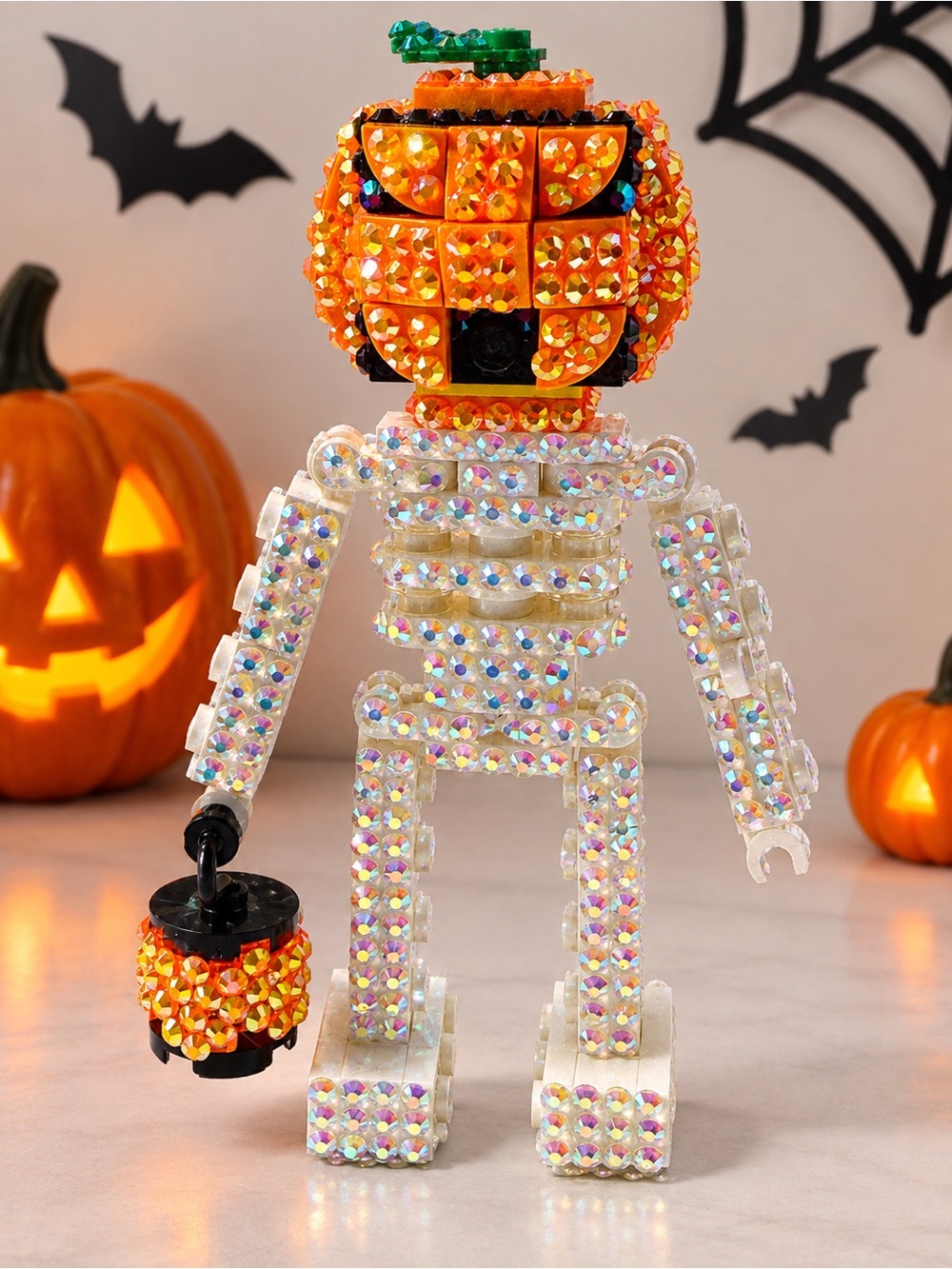 Bedazzled Lego Pumpkin Head Skeleton Figurine - Orange & Iridescent 4” Tall